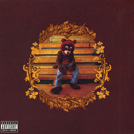 Album cover of Kanye West - College Dropout featuring an image of a child wearing a teddy bear costume sitting on a bench with a decorative, ornate border.