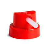 A red spray paint cap with a small white extended nozzle.