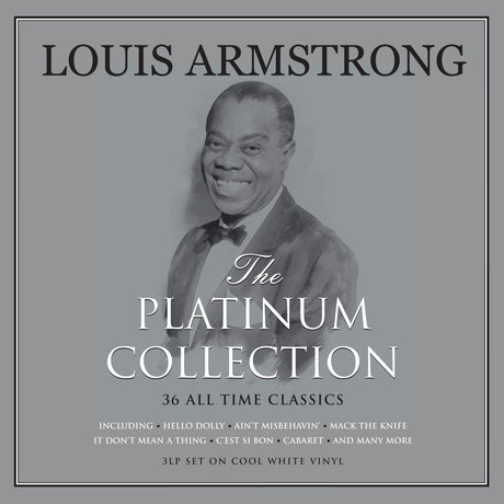 Cover of the vinyl collection titled 'The Platinum Collection' by Louis Armstrong, featuring a black and white photo of the artist with a grey background.